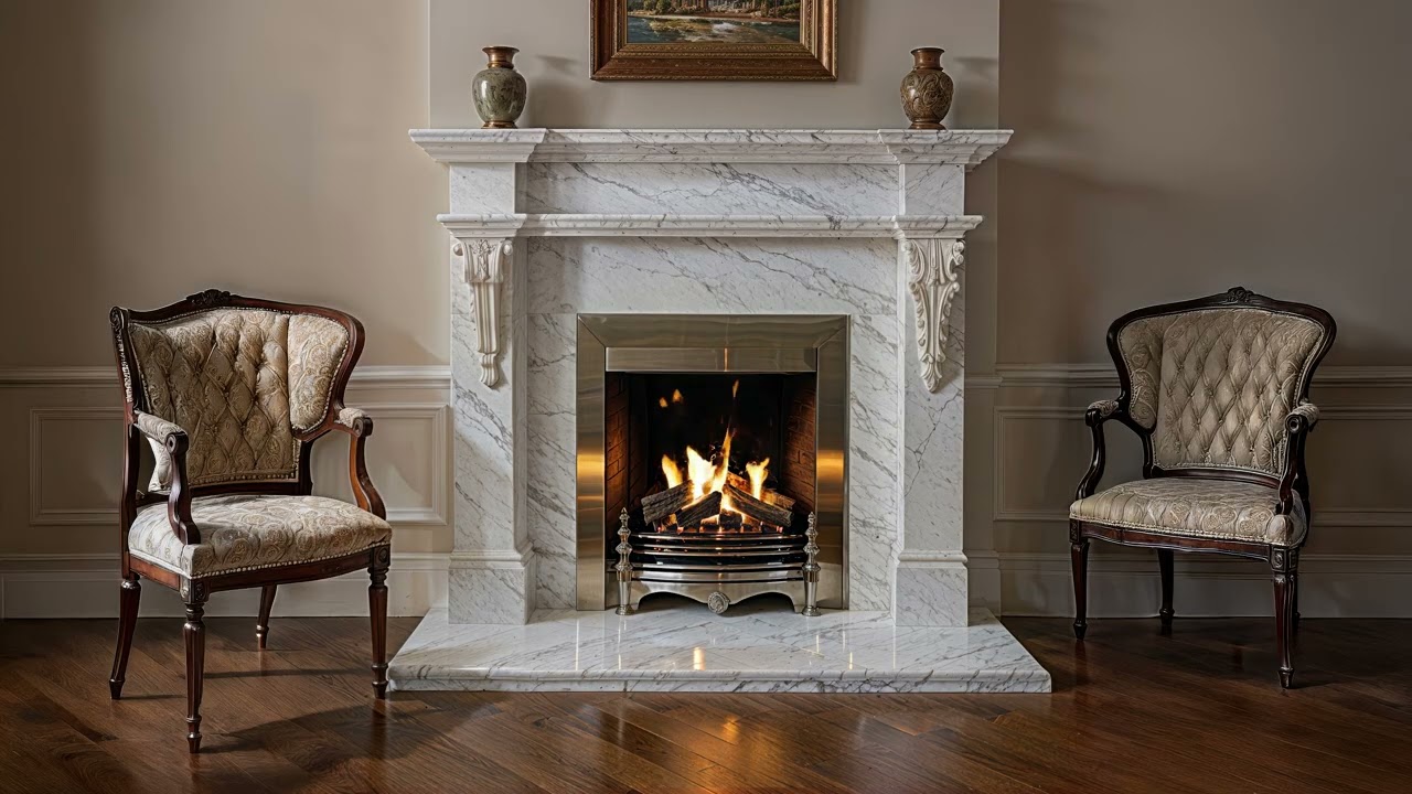 Elegant Marble Fireplace 🔥 Classic Living Room Ambience for Relaxation & Focus