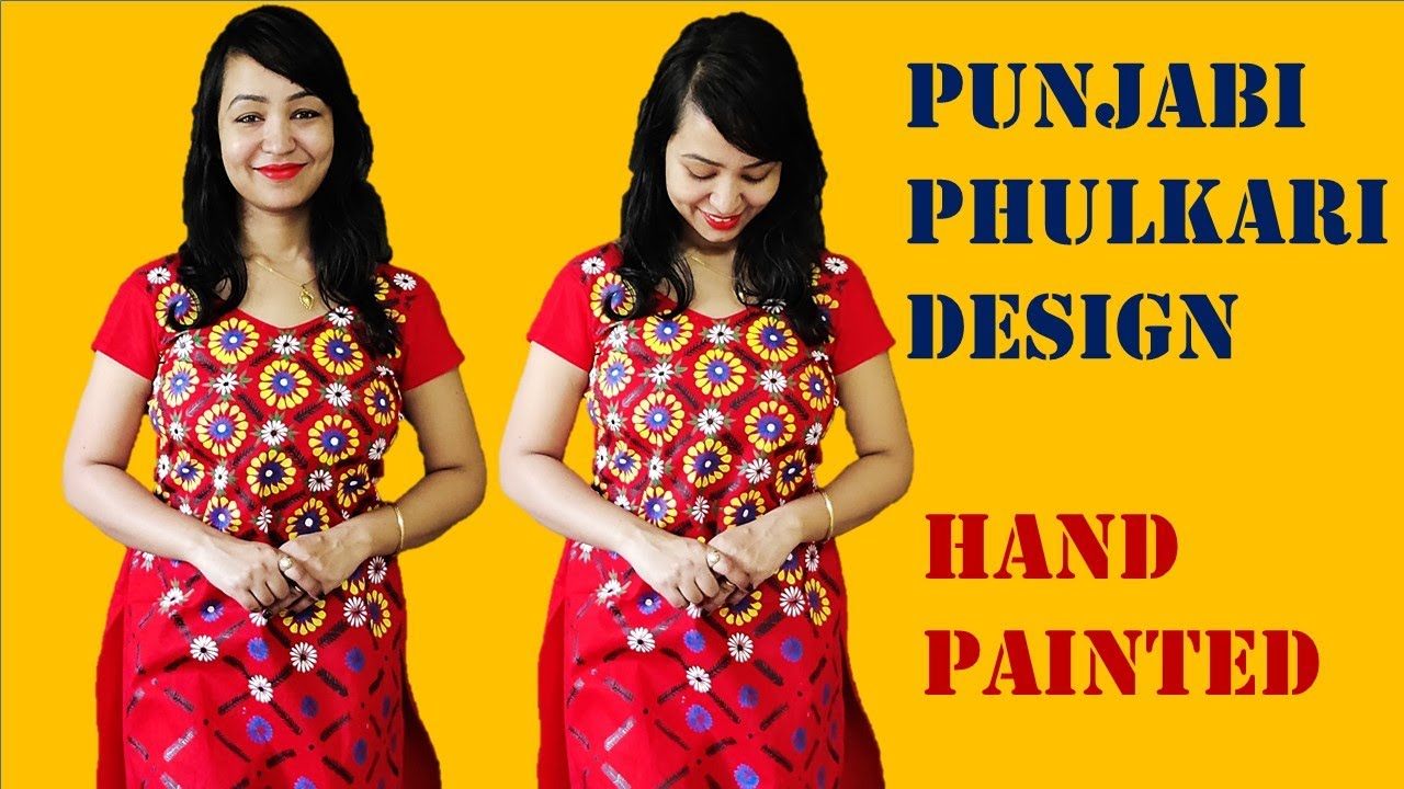 Punjabi Phulkari Design on Red Kurti , Fabric Painting on Dress