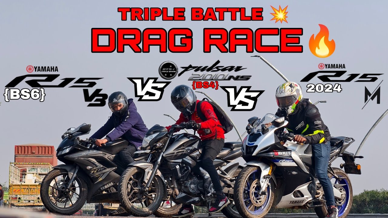 PULSAR NS200 VS R15V3 VS R15M🔥||DRAG RACE 💥||RACE TILL THEIR POTENTIAL 🥵||