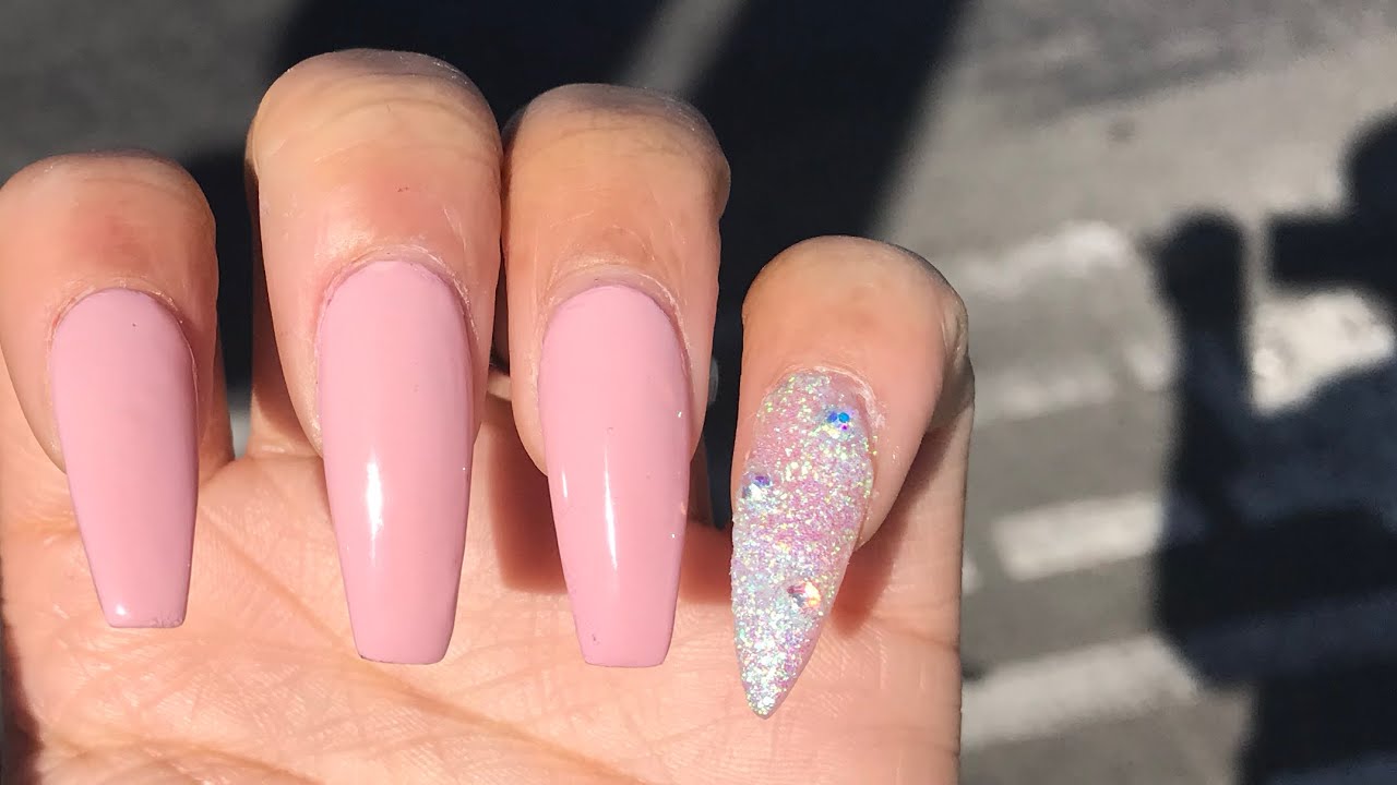 SIMPLE PINK COFFIN FULL SET AT HOME W/ BLING GLITTER STILETTO PINKY | SELF TAUGHT