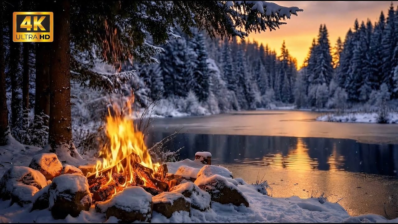 Cozy Campfire by Frozen Lake ❄️ Sleep & Study 🔥Karlı Göl Kenarında Kamp Ateşi Rahatlatıcı (4K ASMR)