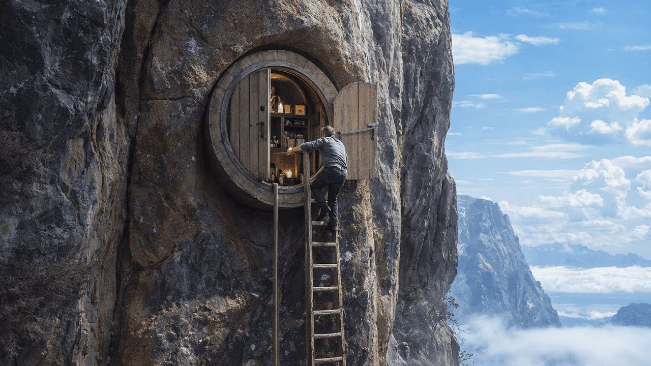 I Built a Hidden Cliff Shelter with a Heated Bed – No One Can Find Me Here