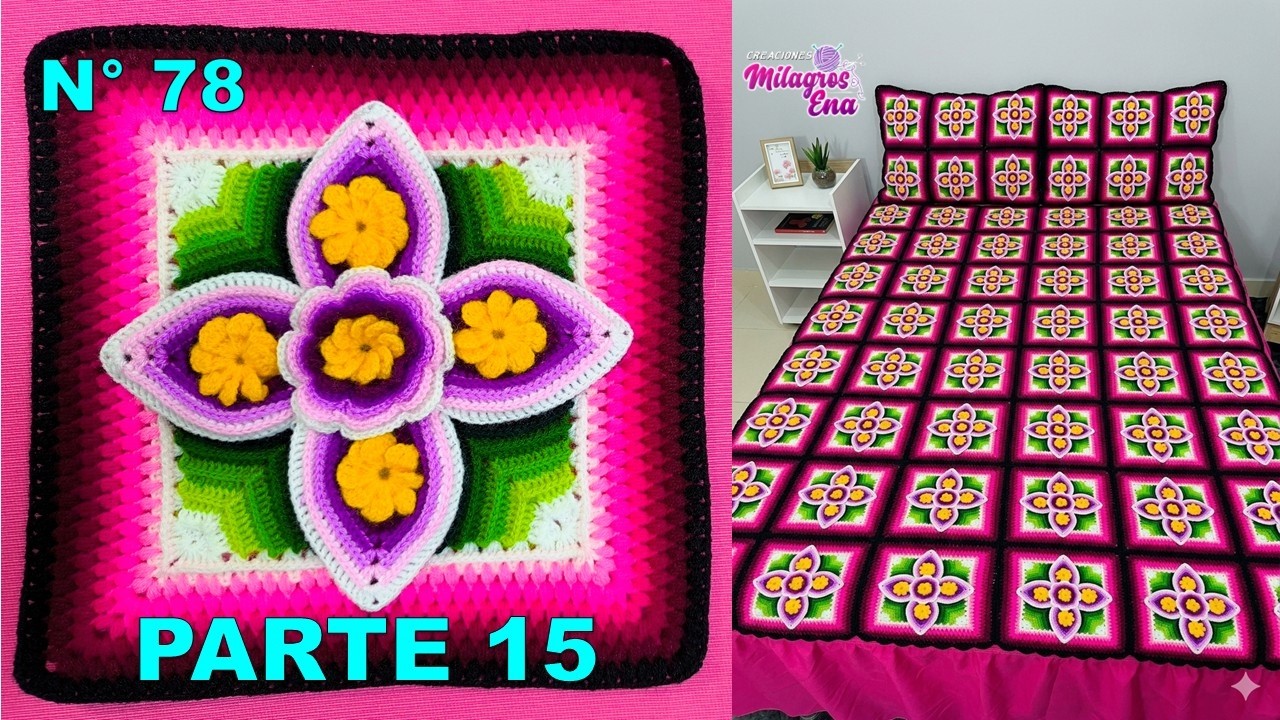 VUELTA 15 del cuadrado de colores tejido a crochet N° 78 para colchas y cojines de Milagros Ena 