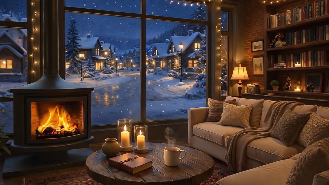 Cozy Winter Coffeehouse Ambience ☕ Soft Jazz Playlist & Fireplace Crackles for Focus, Study and Work