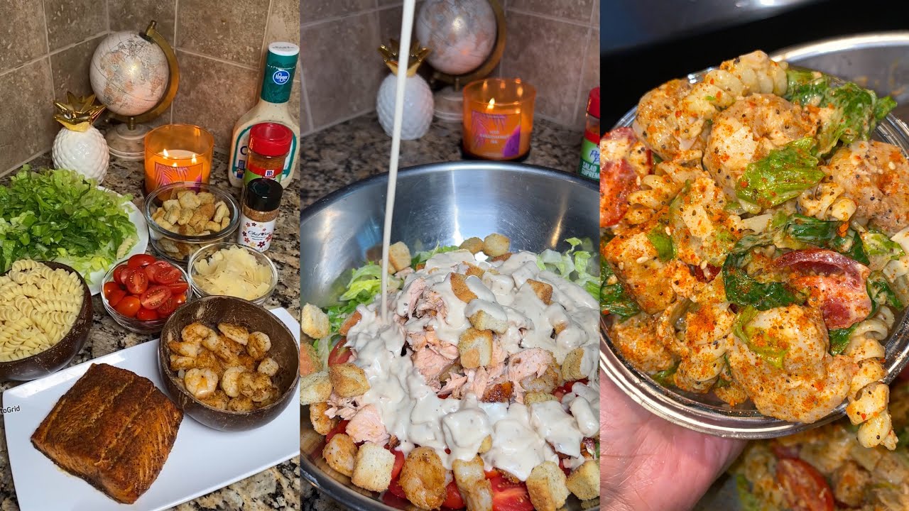 Рецепт салата «Цезарь» с пастой, креветками и лососем | Быстрый и вкусный салат из морепродуктов ...