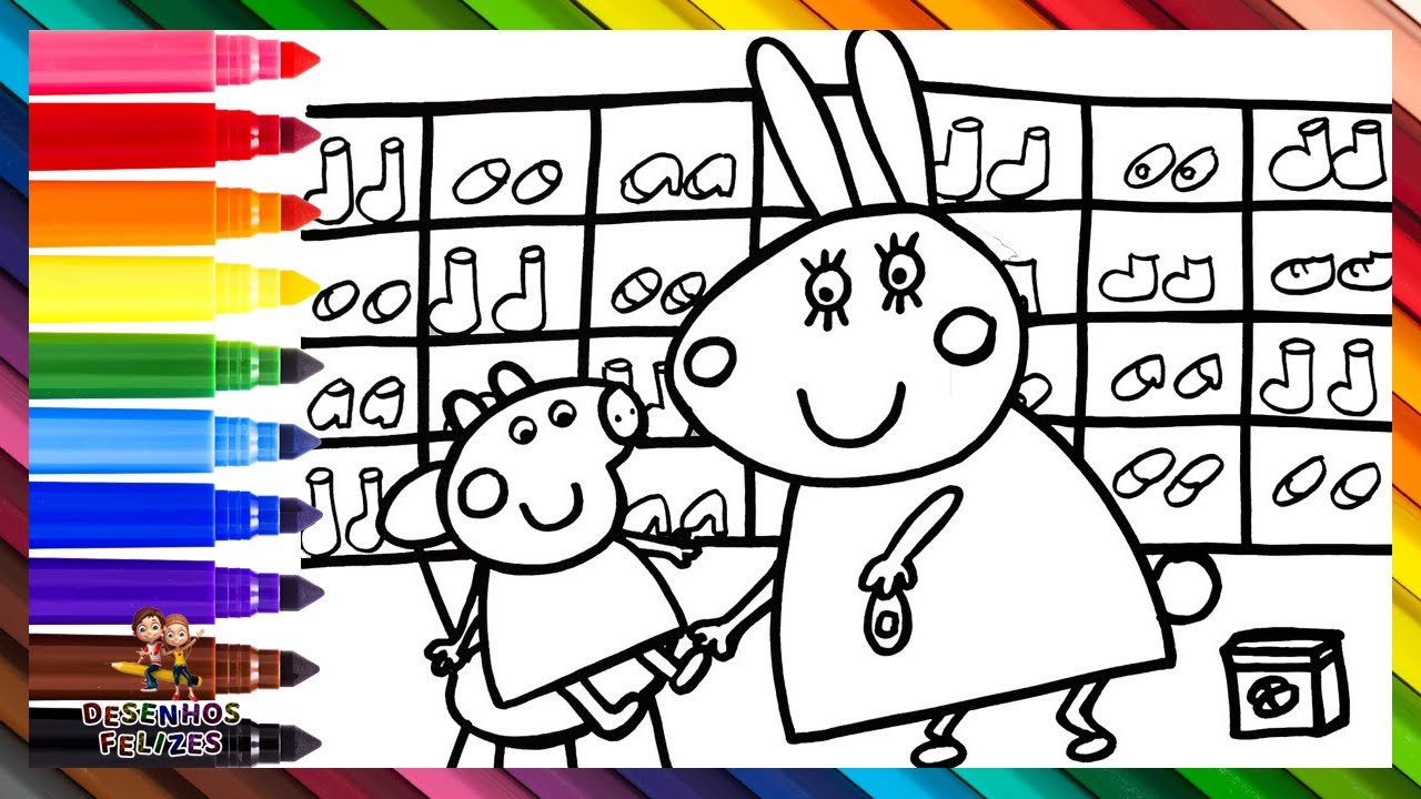 Desenhar e Colorir Peppa Pig Comprando Novas Sandálias 🐷👡🐰💛 Desenhos para Crianças