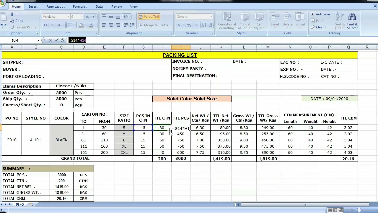 Solid Color Solid Size || Garments Packing List