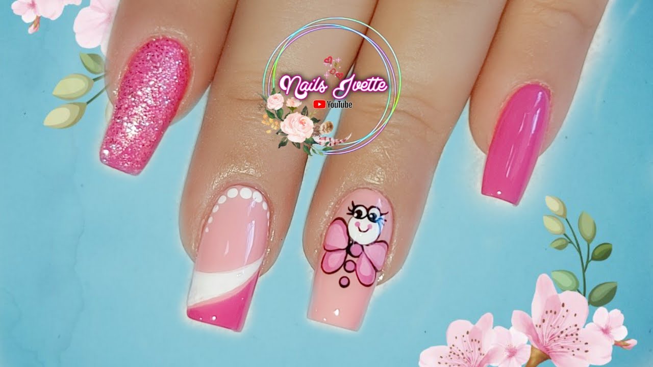 Decoración de Uñas tonos Rosa y blanco | Diseño de uñas mariposa | Uñas decoradas para principiantes