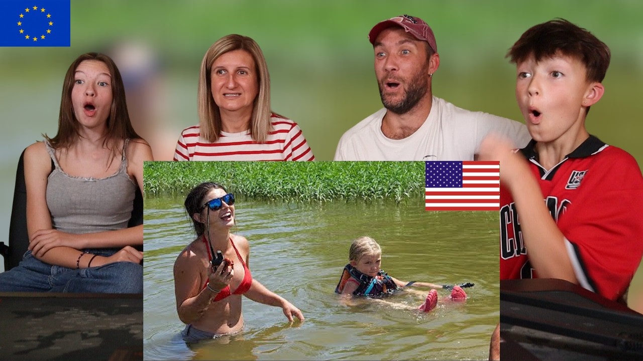 European Family Reacts to Catfish Noodling 7 Year Old Girl Catches Huge Blue Cat