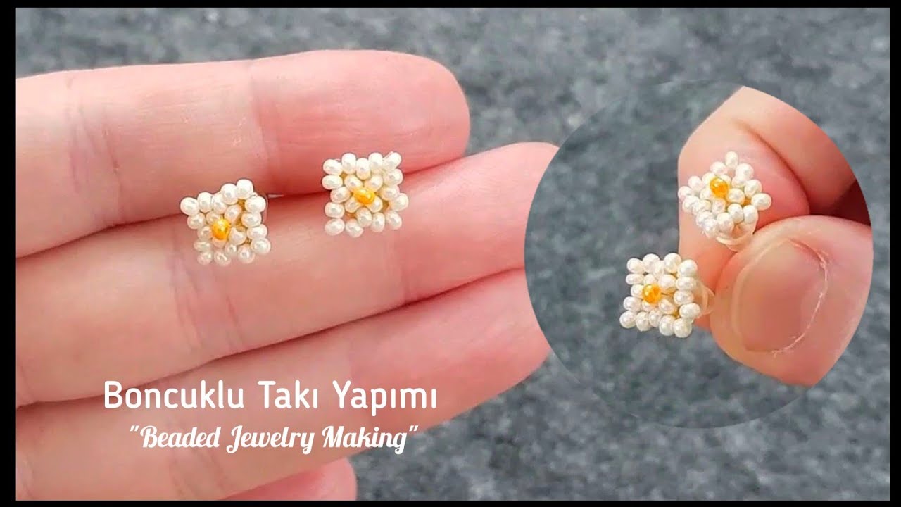 Kum boncuklu saplama küpe yapımı. Tiny stud earrings making with only seed beads. Beading tutorial.