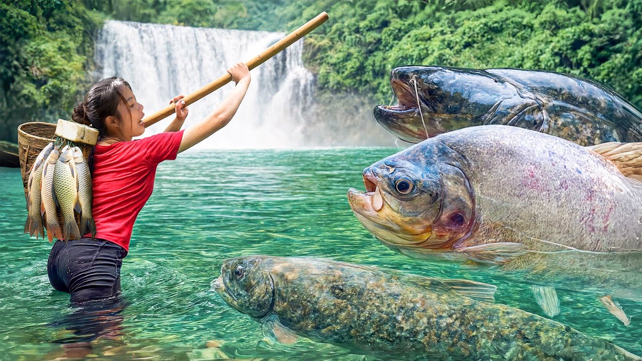 Traditional fishing skills: Catching 1000+ giant catfish & loaches with bare hands in waterfall