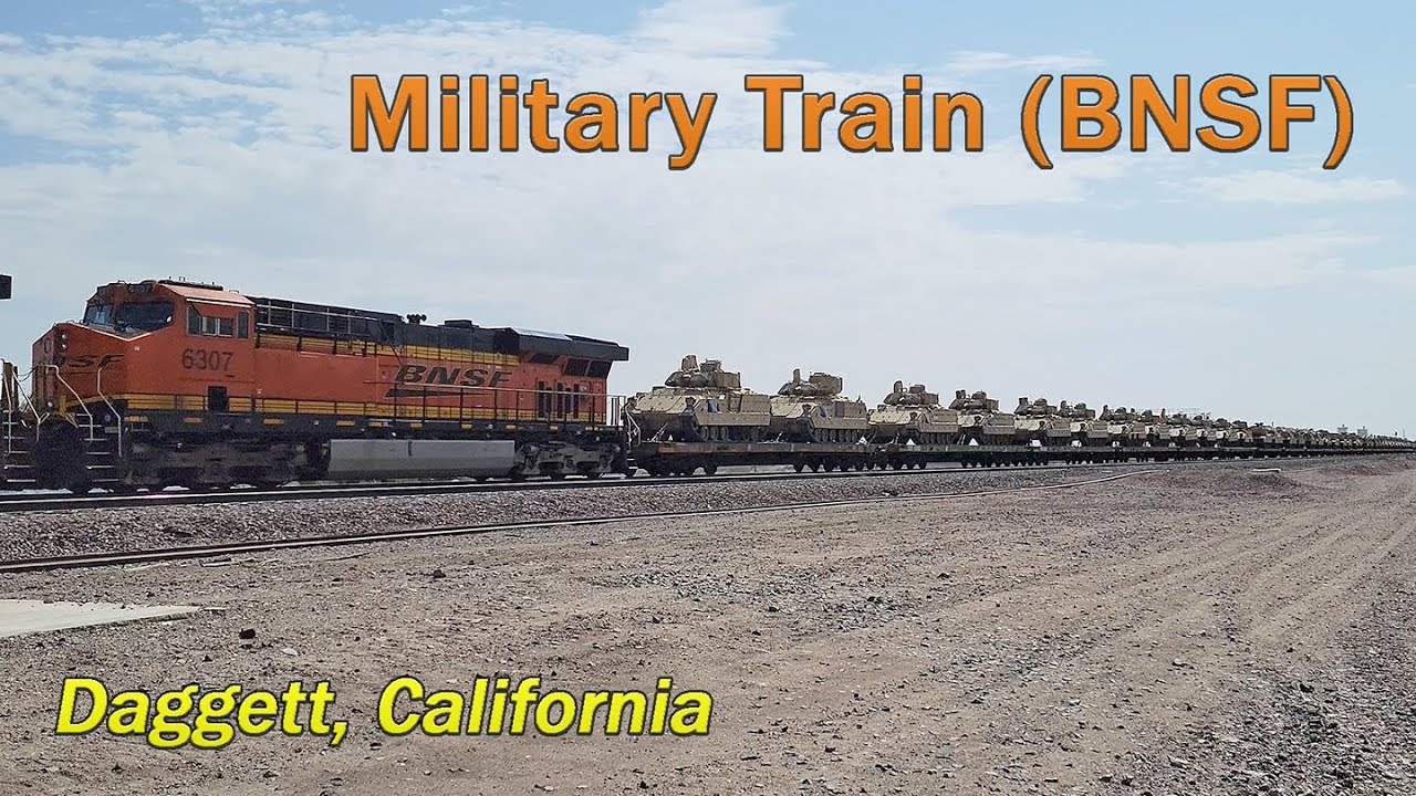 BNSF military train with tanks, trucks, and more - Daggett, CA
