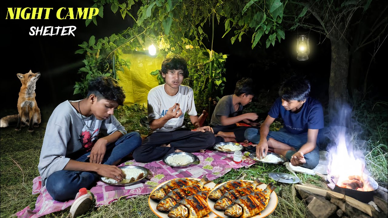 🔥 Night Camping with Friends | Forest Shelter Cooking & Grilled Fish Feast 🍃🐟 | The Horizon Desi