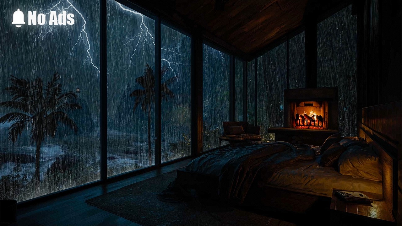 NO ADS🔕Thunderstorm Sounds for Sleeping⛈️Rainy Seaside Porch & Crackling Fireplace for Relax, Study