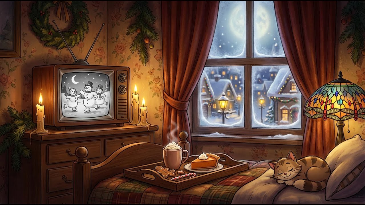 Cozy Bed, Snowy Window & Soft Vintage Christmas Oldies 🎄