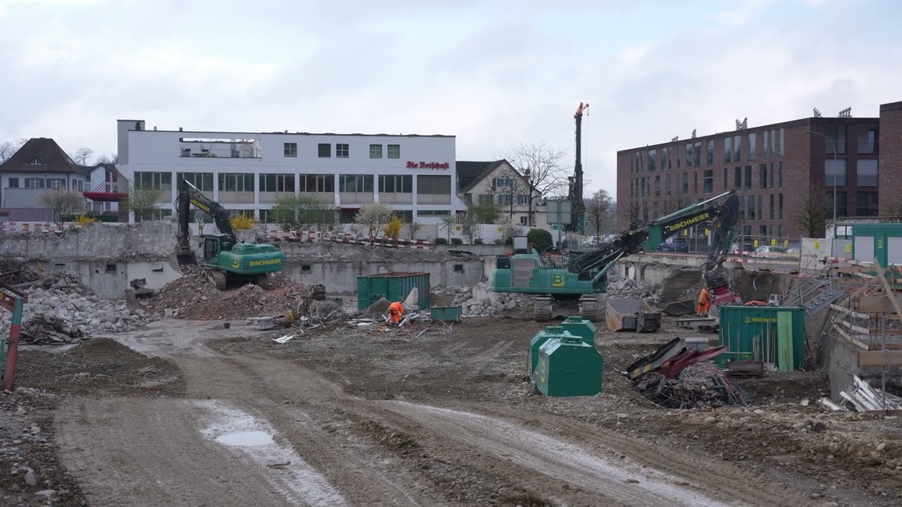 D&ouml;ttingen Aargau construction site with foundation ditch on a spring day.