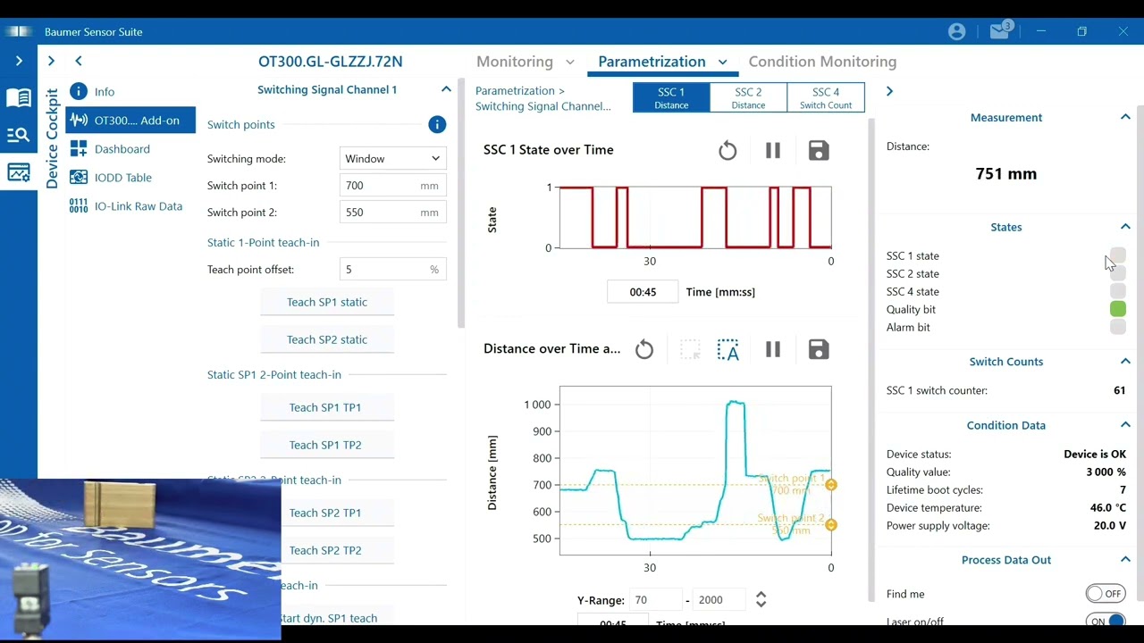 Baumer OT300.GL demo : Miniature TOF background suppression sensor