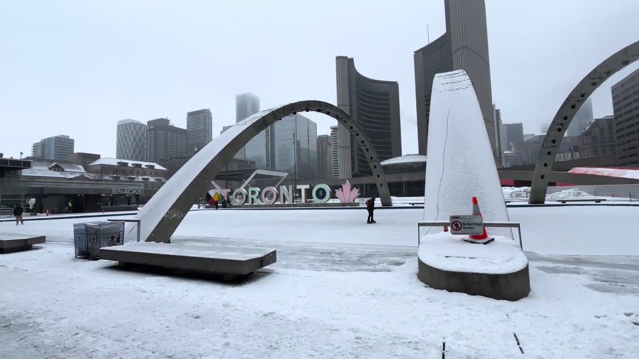 4K Toronto Winter Walk 🌨️ Snowy Old City Hall to Nathan Phillips Square Rink
