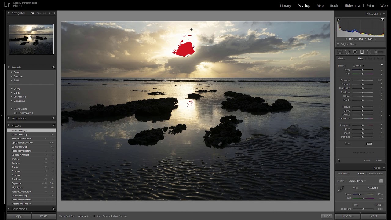 Use of the graduated filter tool in Adobe Lightroom.