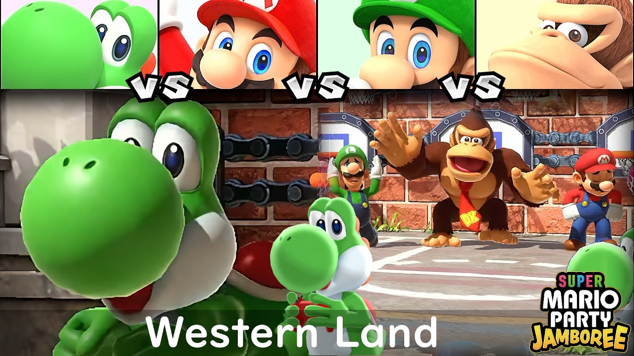 Super Mario Party Jamboree Yoshi vs Mario vs Luigi vs Donkey Kong in Western Land