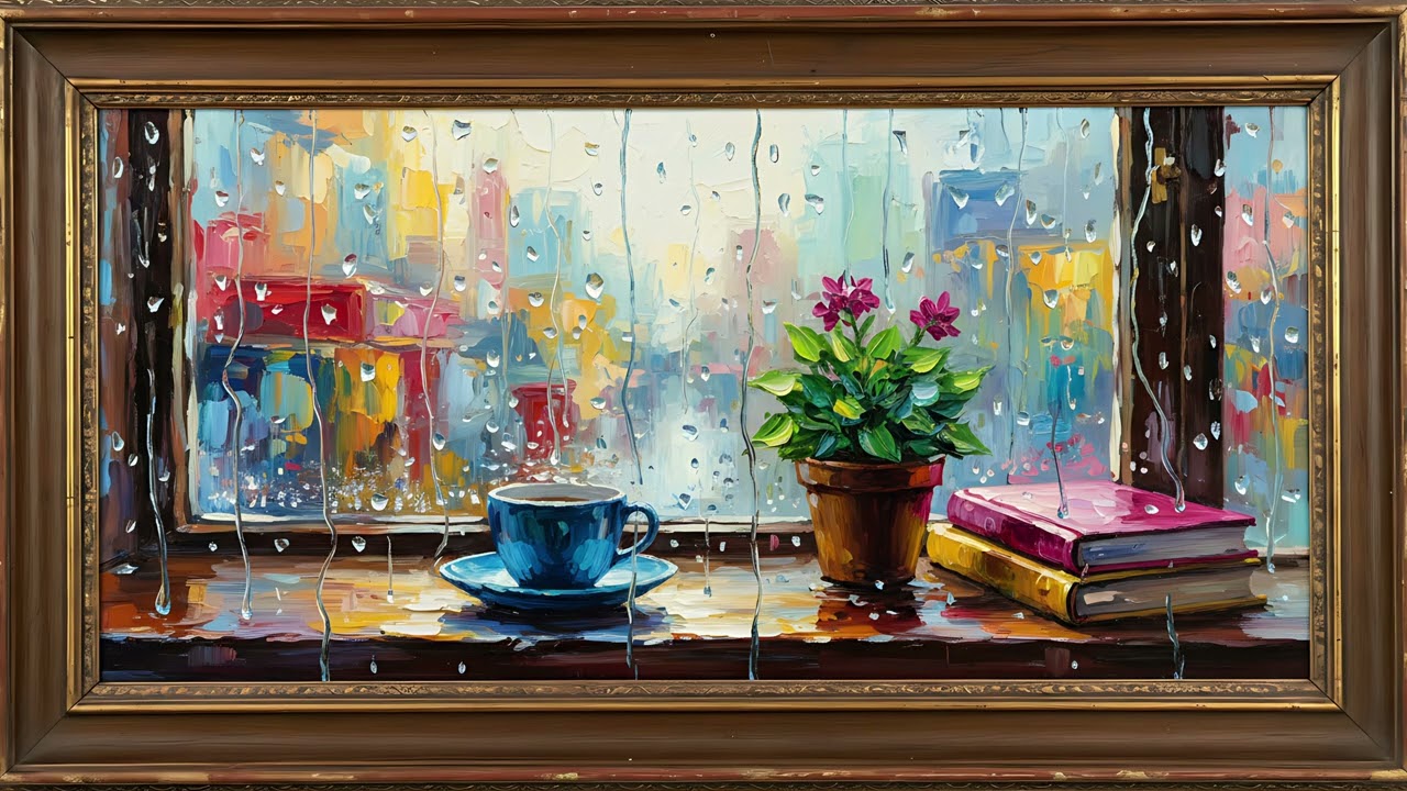 Rainy Window Still Life Painting | Classic Wood Frame TV Art | Cozy Screensaver for TV | 2 Scenes