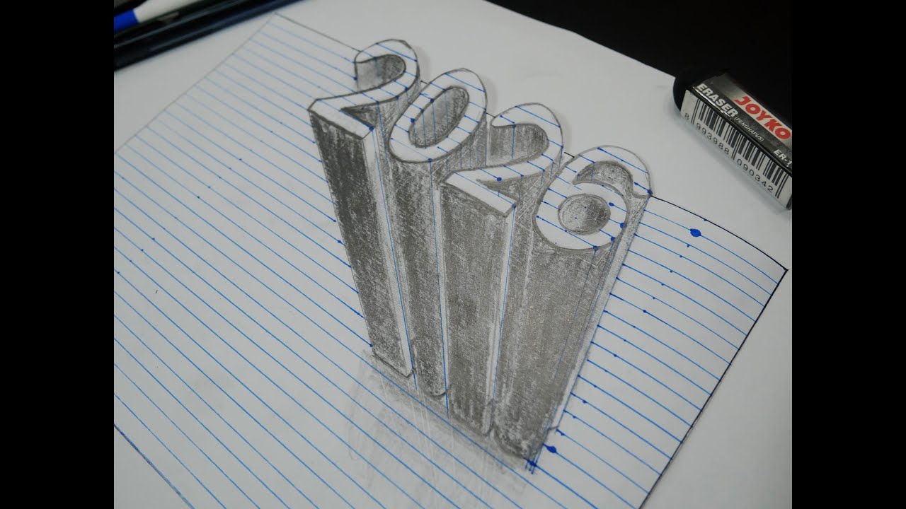 How to Draw 2026 Numbers 3D Trick Art on Line Paper