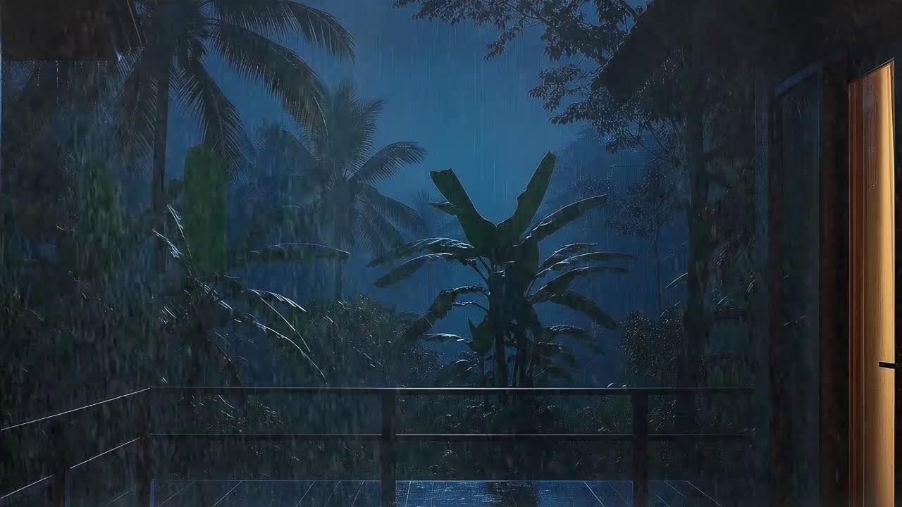 Deep Sleep Tonight with Steady Rain and Soft Thunder Echo at Wooden Cabin Terrace 🌧️