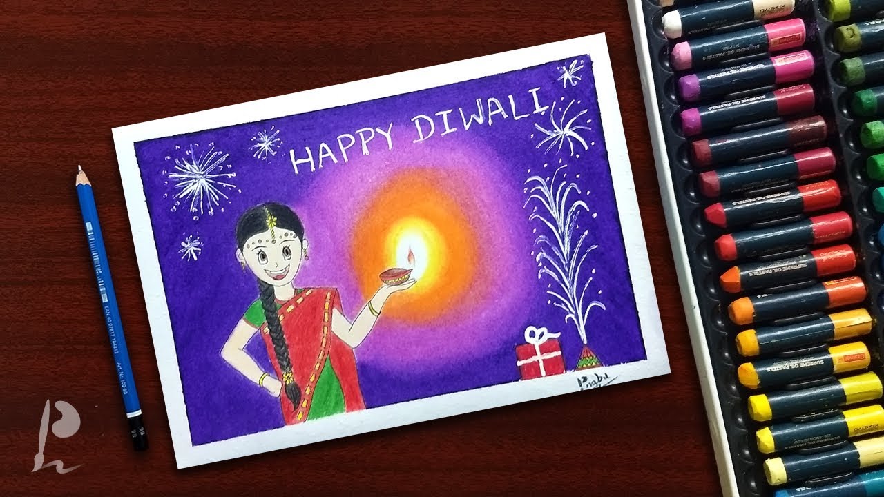 Girl Wishing Happy Diwali Drawing with Oil Pastels | PrabuDbz Art