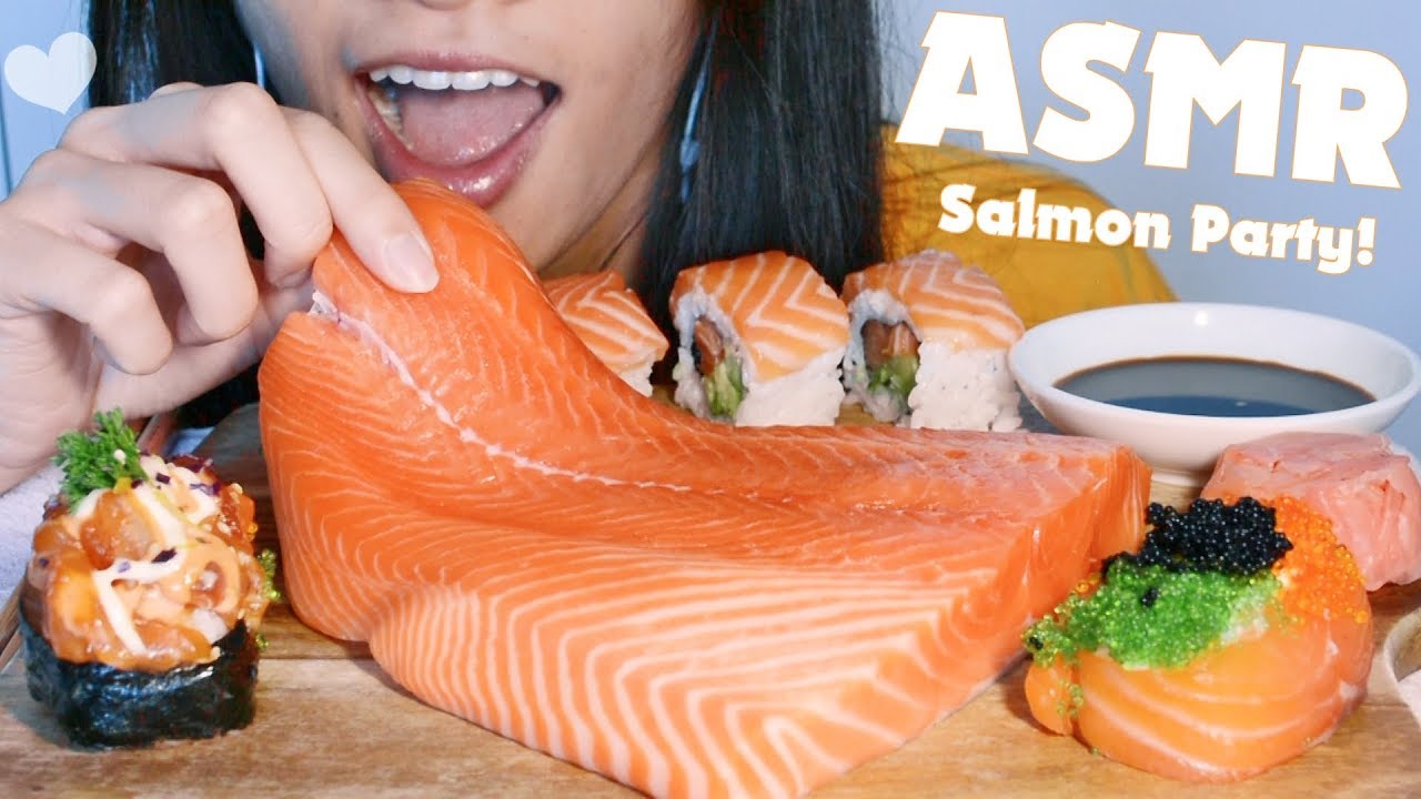 ASMR SALMON PARTY (SASHIMI, SUSHI ROLLS) - SOFT EATING SOUNDS