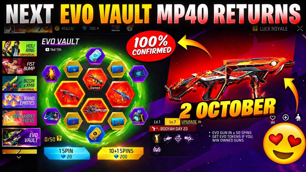 100% *CONFIRM* COBRA MP40 RETURN? 😱 NEXT EVO VAULT EVENT || OCTOBER MONTH MONTH EVO VAULT FREE FIRE