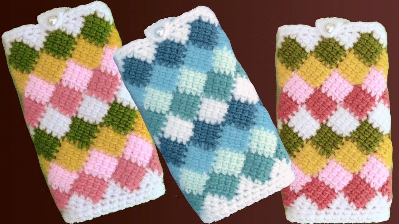 Fundas fáciles a Crochet para celulares en punto Entrelac de colores tejido tallermanualperu
