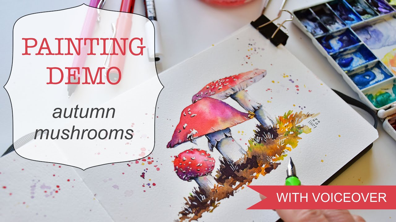 Painting mushrooms in watercolour - full video with voiceover