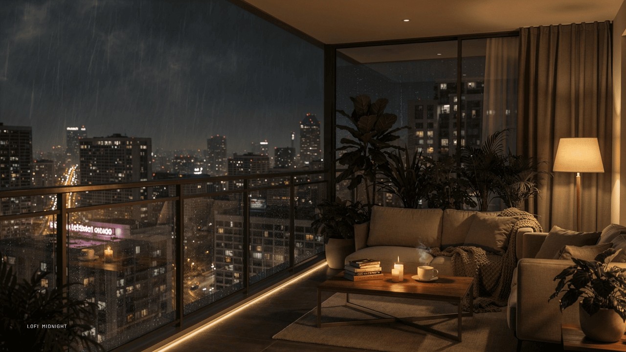 Rainy Midnight Lofi 🌧️ Cozy Balcony Night with City Rain Sounds | Study, Sleep & Relax