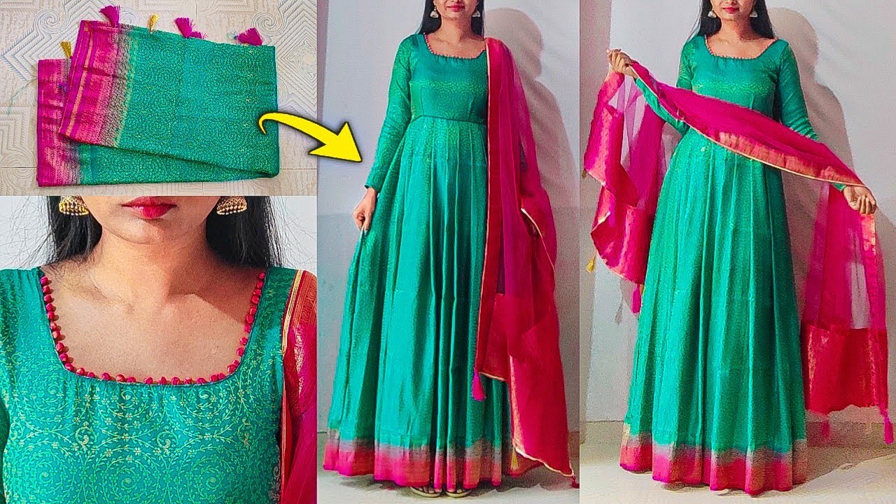 Convert Saree into Long dress in just 10 minutes | Long dress/gown/frock cutting stitching | kannada