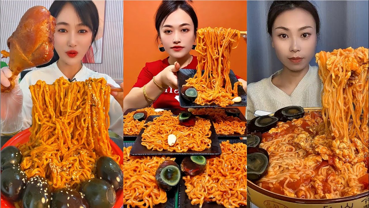 YUMMY SOFT BOIL BLACK EGGS ANDSPICY NOODLES CHEWY SOUNDSMUKBANG ASMR