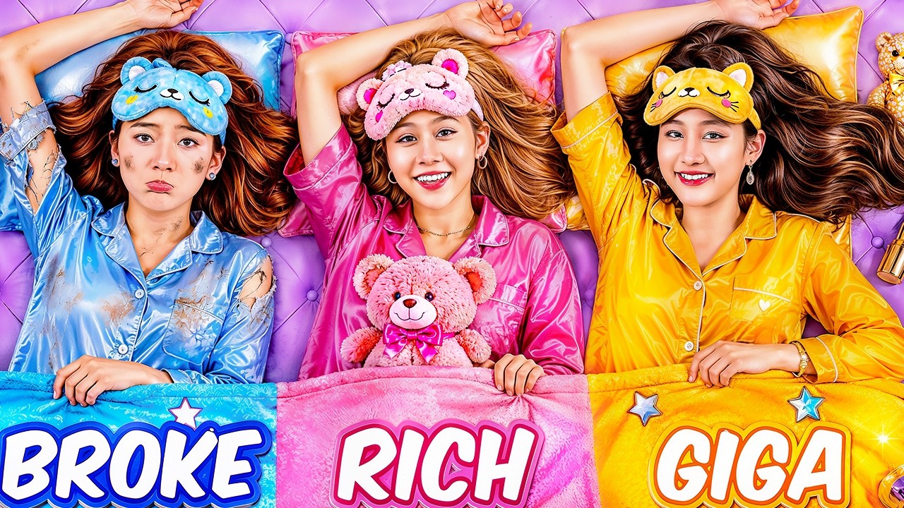 Broke Blue Vs Rich Pink Vs Giga Rich Yellow At Sleepover Party!