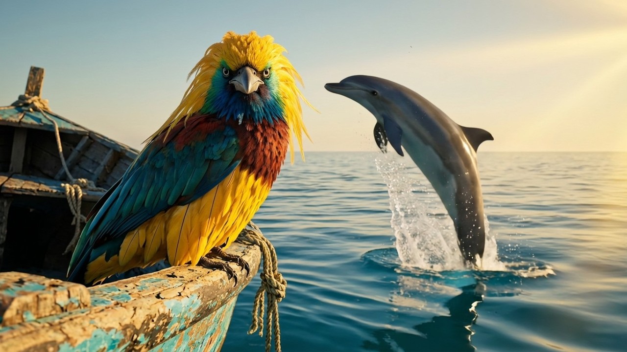 4K Relaxing Ocean & Colorful Birds 🌊 Dancing Dolphins with Calming Piano & White Noise