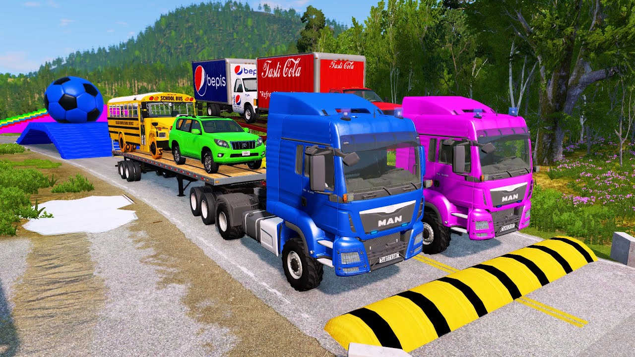 Double Flatbed Trailer Truck vs Speedbumps Train vs Cars Beamng.Drive