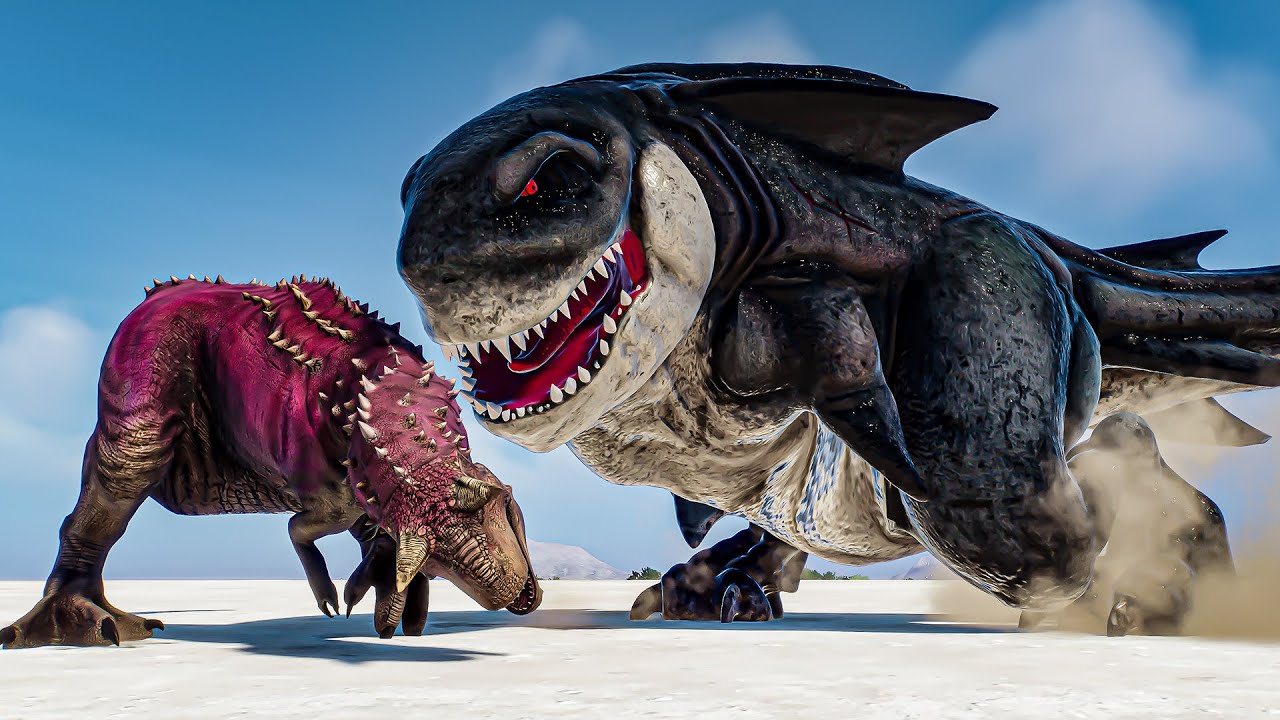 Megalodon Rex Shark vs Skar King, Skullcrawler, Disney Carnotaurus in Epic battle | JWE2 Mods