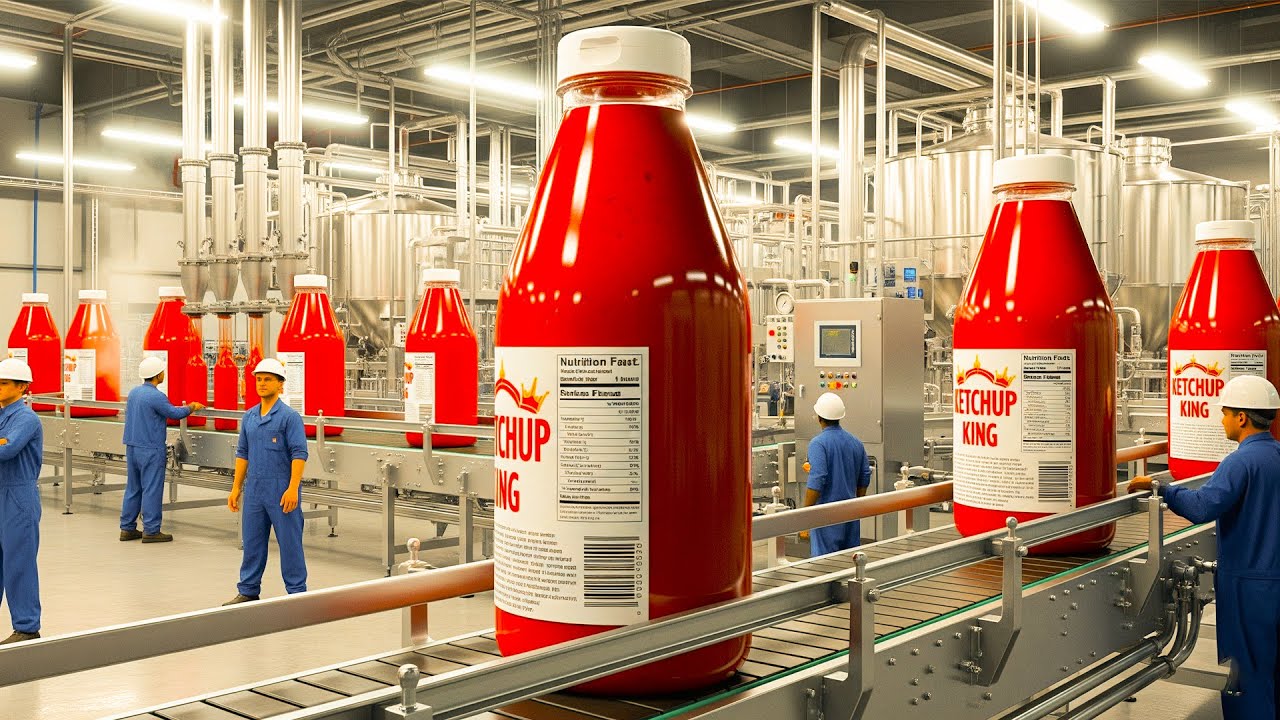 How Tomato Ketchup is Made in Factory: Massive Industrial Food Processing. Flow lab