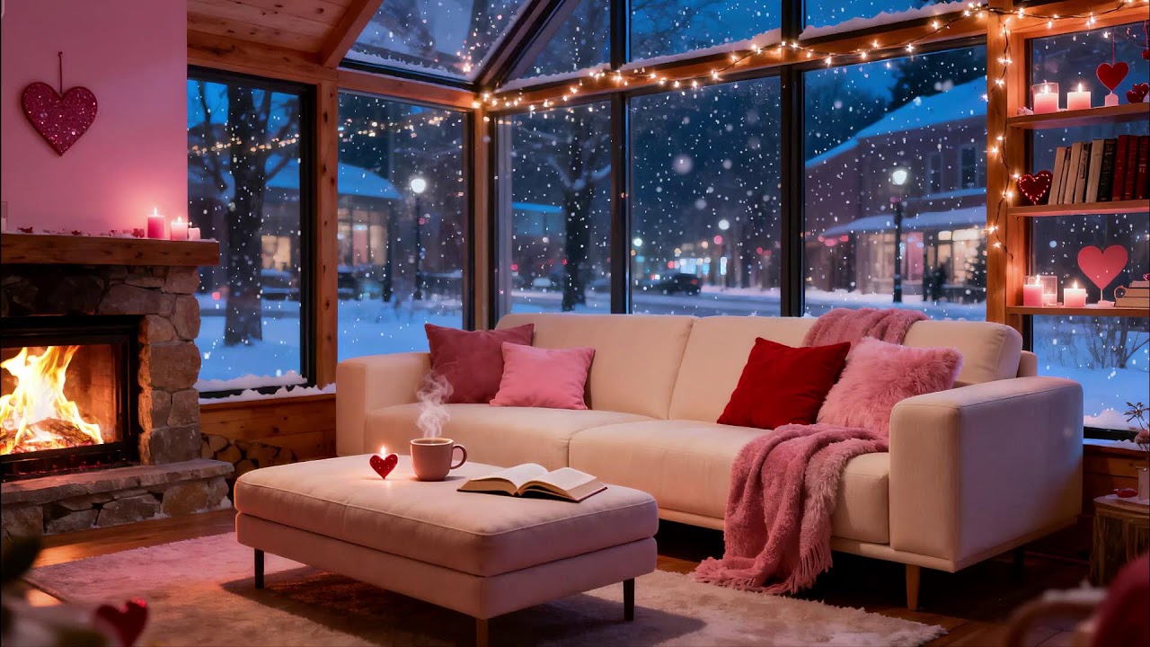 Romantic Cozy Pink Winter Night  Fireplace Glow & Calm Snowfall