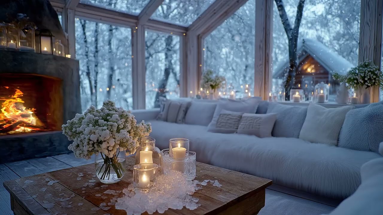 ❄️🌸A Cozy Winter Lounge Escape | Soft Piano, Flowers & Snow Outside – 5 Hours Relaxation Focus Sleep