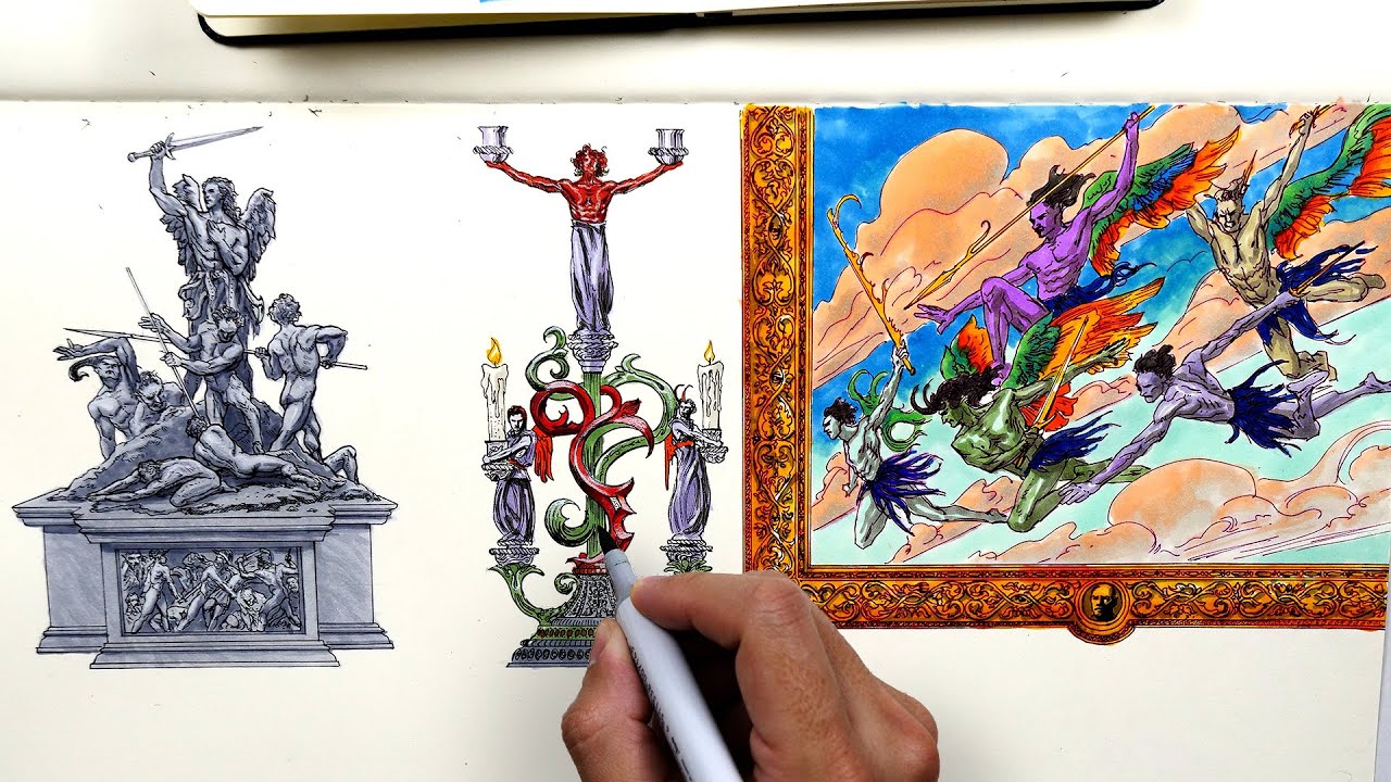 Pandæmonium Design Process- Sketching Part 1 + Copic Markers, Pigment Liners, Fountain Pen