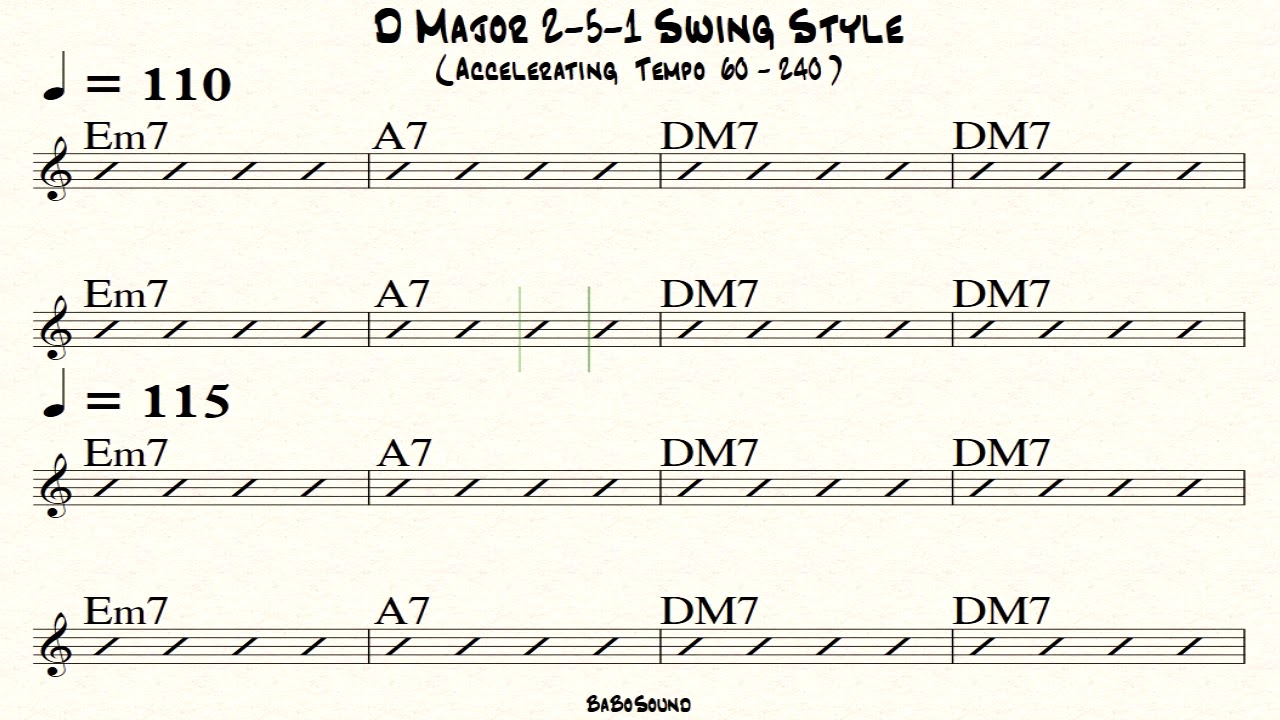D Major (2-5-1) Backing Track For Bass (Accelerating Tempo 60-240) Swing Style