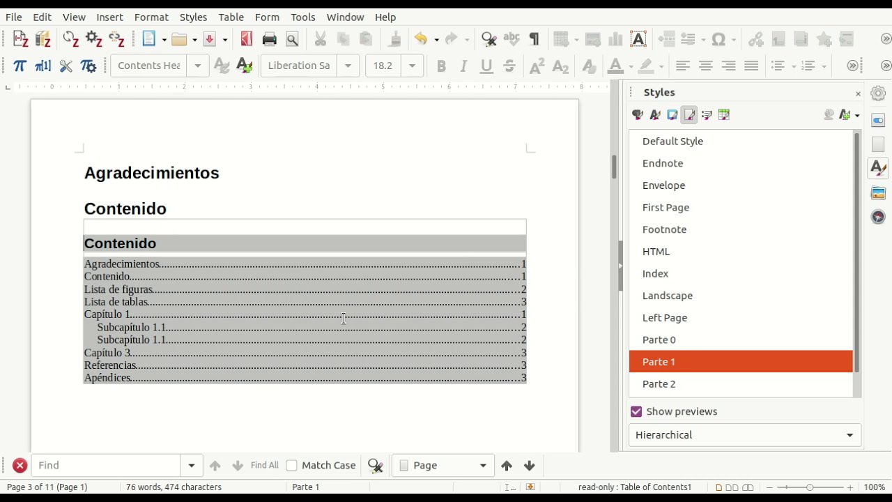 Partes de documento con diferente numeración en #Writer