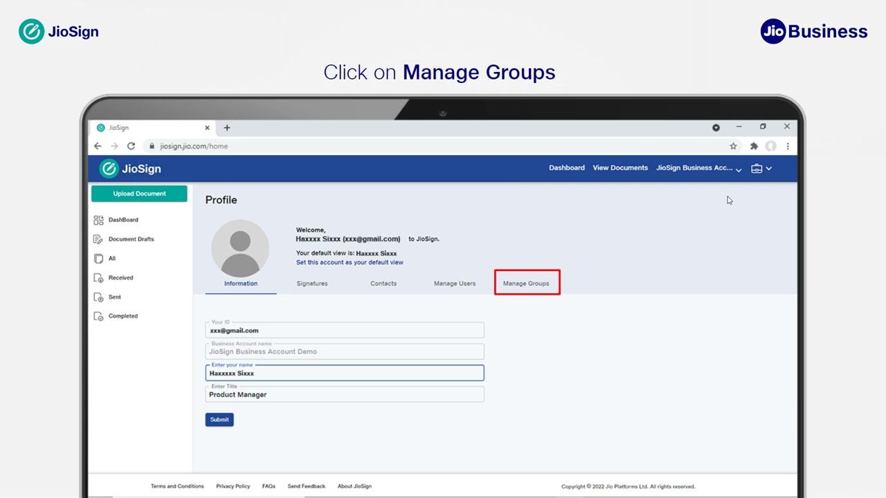 JioSign - How Business Account Manager Can Add Groups or Departments