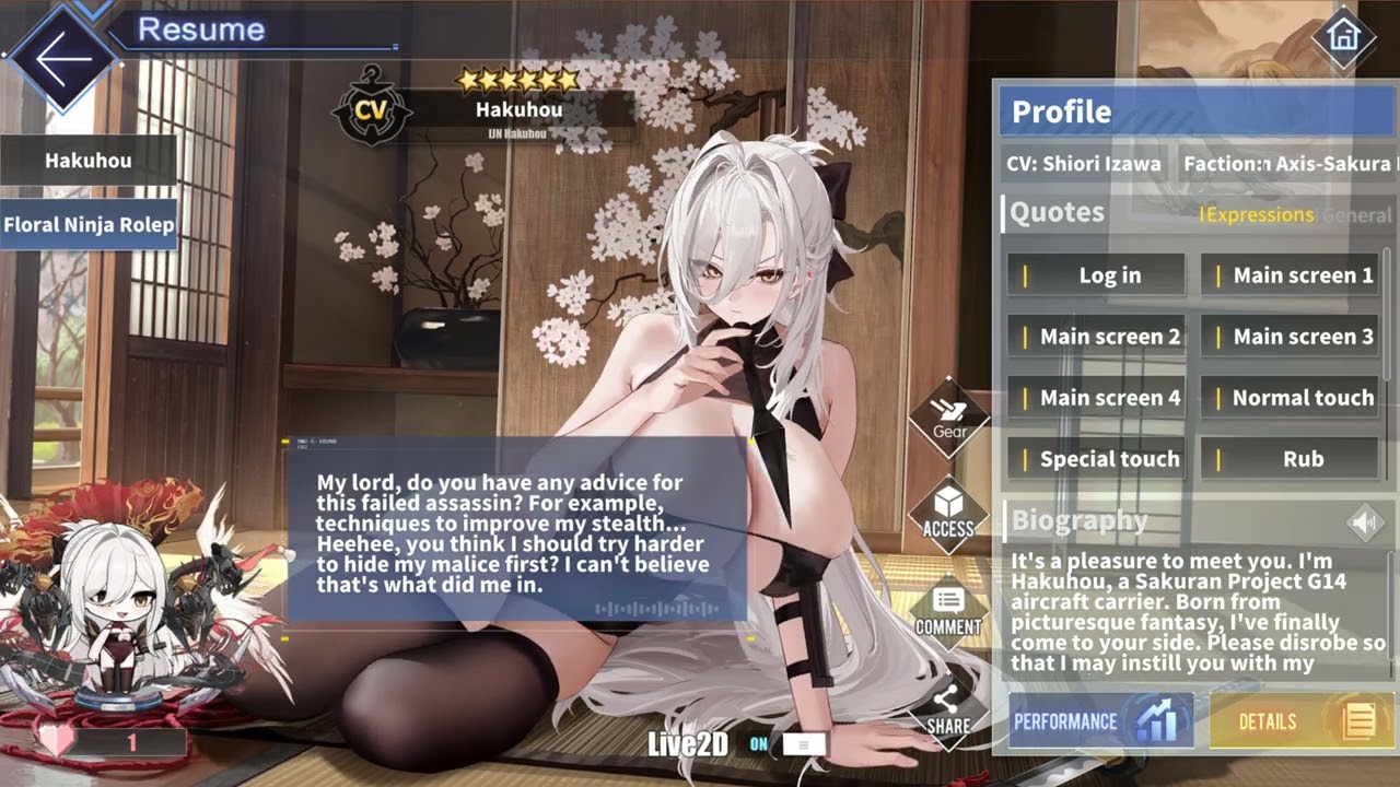 Azur Lane: New IJN Hakuhou L2D Skin Talk & Move (Floral Ninja Roleplay)