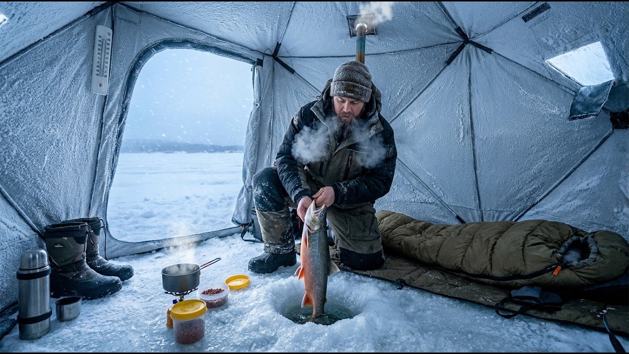 Solo Ice Fishing in a Tent at &minus;30&deg;C 🏕️ | Frozen Lake Survival