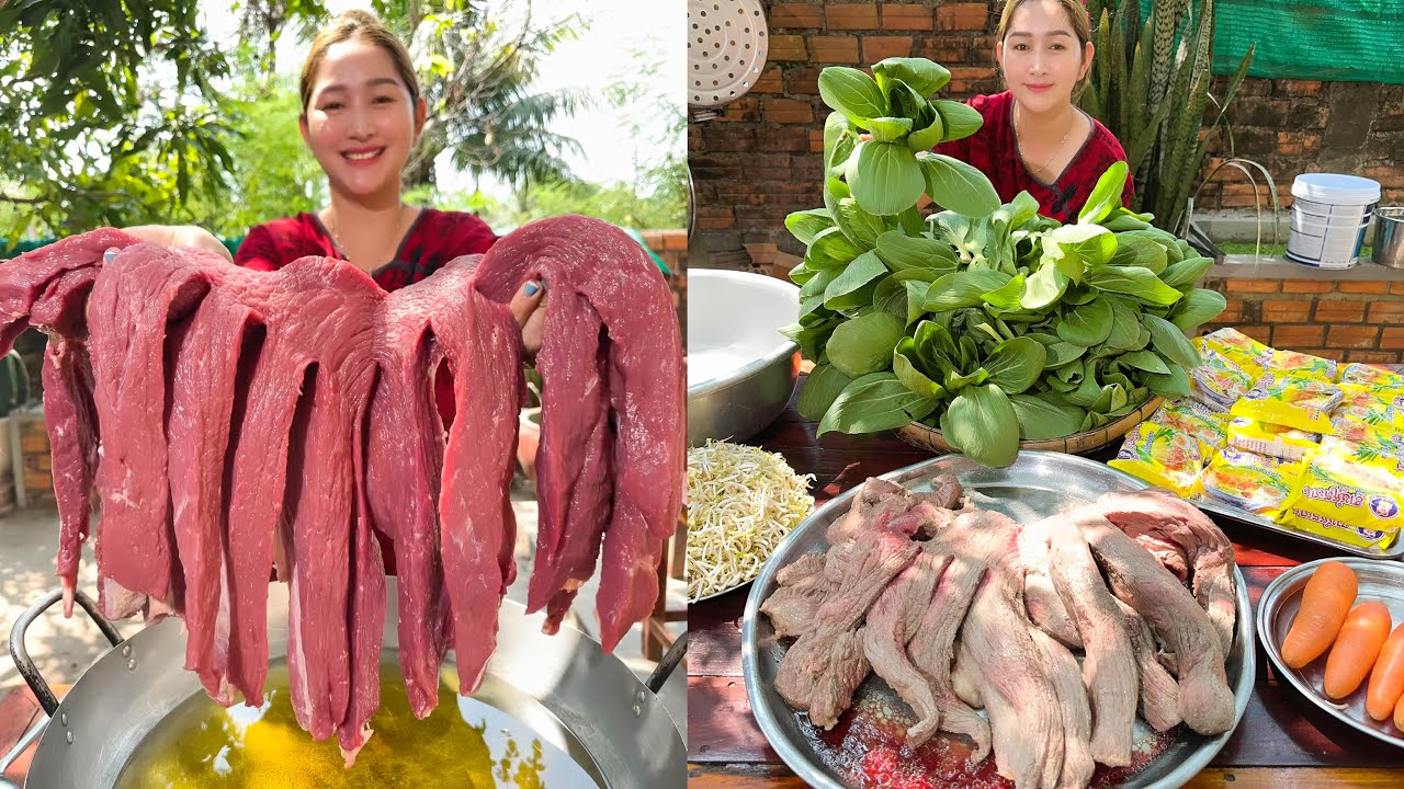 Mommy Chef Sros Cooking: Fry Beef and cook yellow noodle so yummy recipe | Cooking with Sros