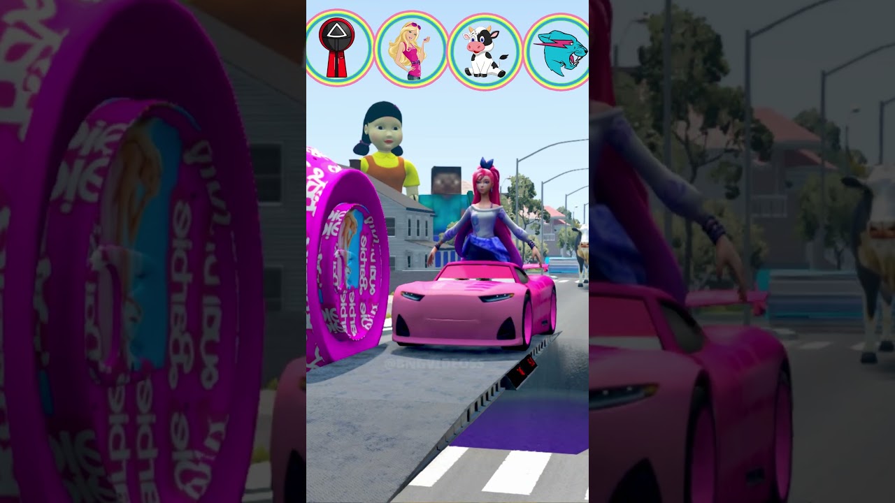 Squid Game & Barbie & Cow & MrBeast VS Barbie Bollard in BeamNG.Drive